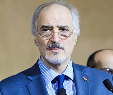 Syrian ambassador to the UN Bashar al-Jaafari delivers a press briefing after a meeting with UN envoy to Syria on Tuesday.