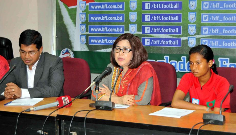 Deputy Chairperson of the Women's Wing of BFF Mahfuza Akhter Kiron addressing a press conference at the conference room of Bangladesh Football Federation House on Wednesday.
