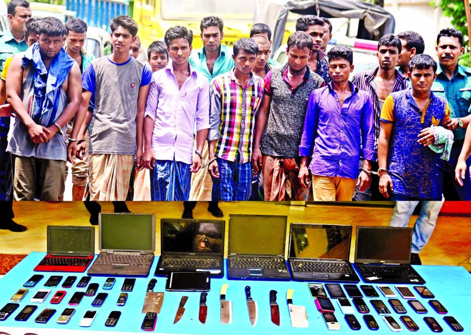 Police arrested 18 alleged dacoits from city's Golapbagh area under Jatrabari thana along with 40 mobile sets, six laptops and some sharp knives from their possessions on Thursday.