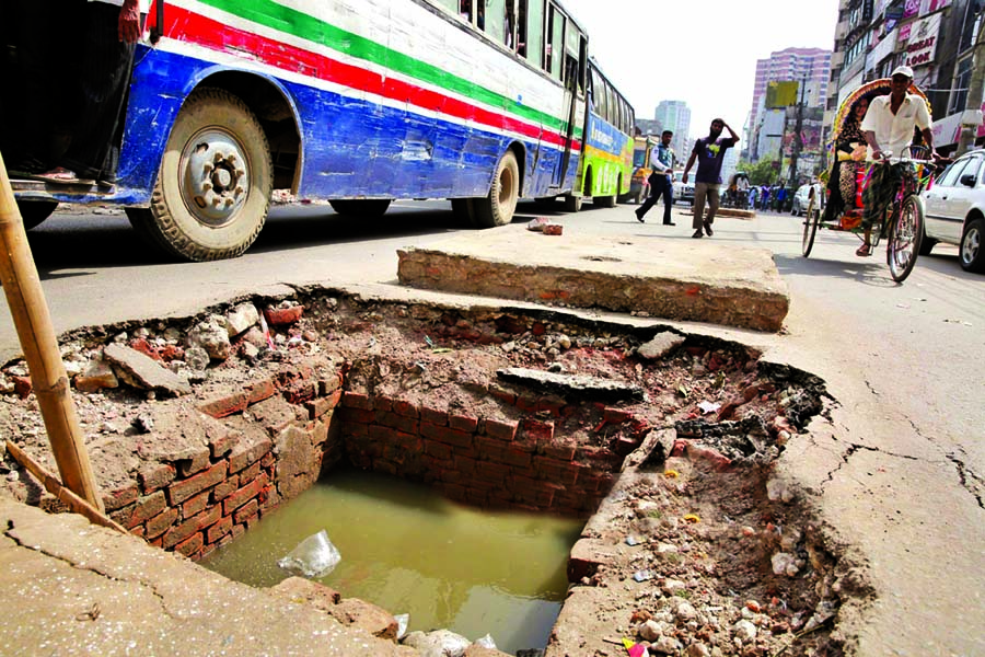 A big uncovered manhole is seen in city's Shantinagar area for a few days, but the authority concern do not pay any heed to the matter despite threats of major accident anytime. This photo was taken on Thursday.