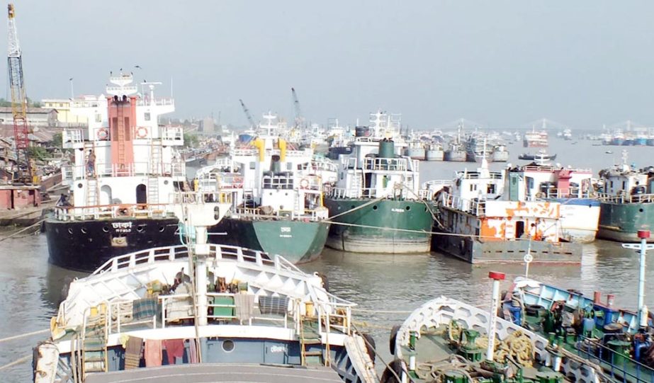 All water transports remained stranded on Kornofuli River as Bangladesh River Transport Workers and other organisations continue their strike demanding increase of salary . This picture was taken from Kornofuli River yesterday.