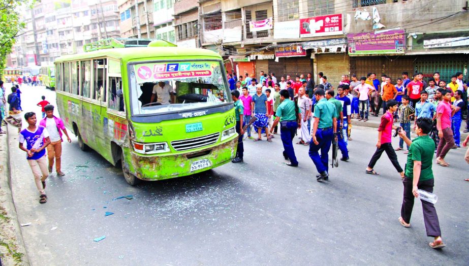 Agitating people vandalized several buses after hearing death news of a Pedestrian that killed in road accident at Naya Bazar area in city on Friday.