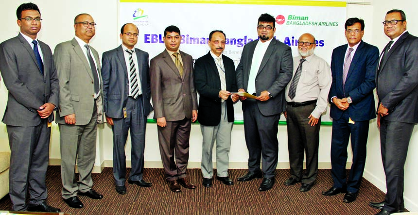 Banking of Eastern Bank Ltd (EBL) and Biman Bangladesh Airlines (BBA) sign a cooperation agreement on Saturday in the city. M. Nazeem A. Choudhury, Head of Consumer Banking, EBL and Mohammad Shah Newaz, Director-Marketing & Sales of BBA exchange documents