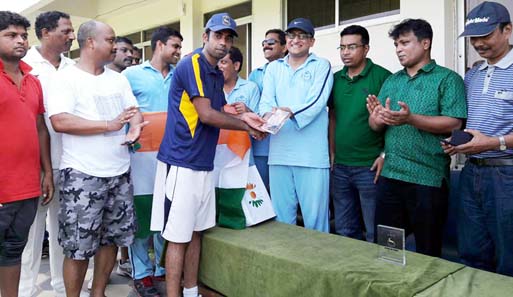 Mehedi Hasan Romel of Bangladesh Sports Press Association (BSPA) receiving the Man of the Match Award at the BKSP ground in Savar on Friday.