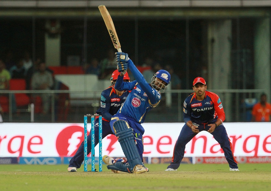 Mumbai Indians player Krunal Pandya plays a shot during match 17 of the Vivo IPL ( Indian Premier League ) 2016 between the Delhi Daredevils and the Mumbai Indians held at The Feroz Shah Kotla Ground in Delhi, India, on Saturday.
