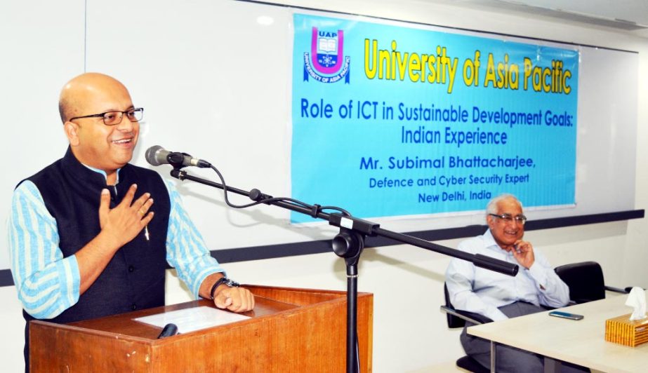 Noted Indian Defence and Cyber security expert Subimal Bhattacharjee addresses a seminar as keynote speaker at University of Asia Pacific while its Vice-Chancellor Prof Jamilur Reza Choudhury chaired the seminar.