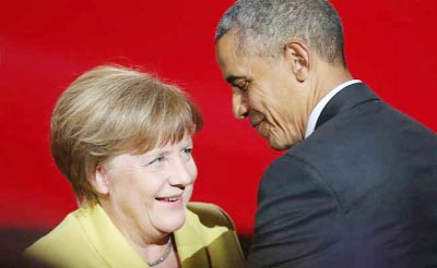 US President Barack Obama and German Chancellor Angela Merkel attend the official opening ceremony of the Hanover Industry Fair.