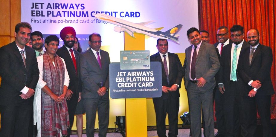 Picture shows that the participants pose at a programme on Jet Airways EBL platinum co-brand credit card launching at a city hotel on Monday.