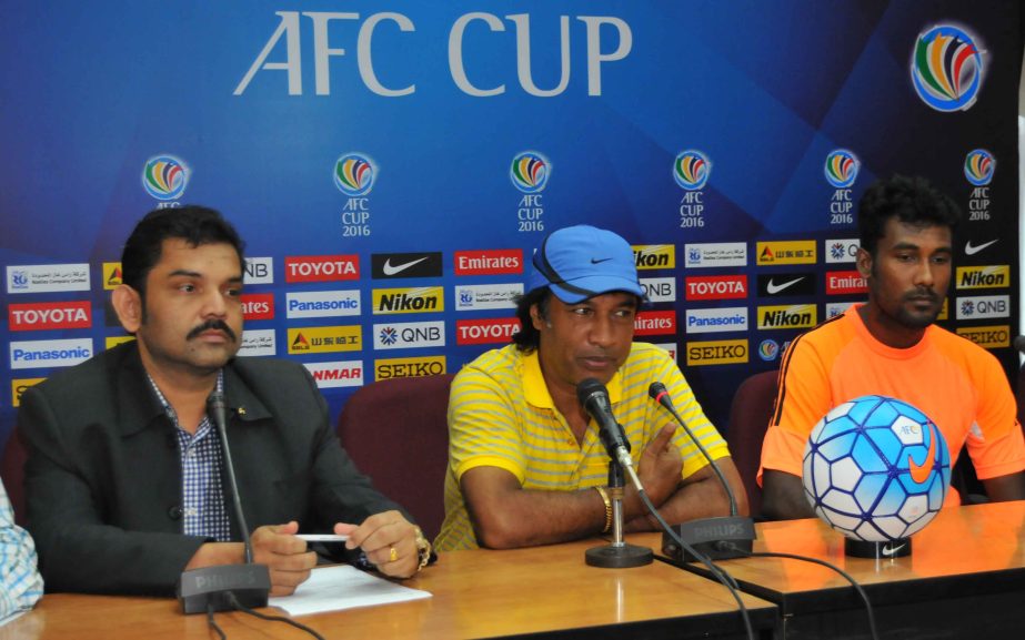 Sheikh Jamal DC head coach Shafiqul Islam Manik addressing the pre-match press conference at Bangladesh Football Federation House on Monday.