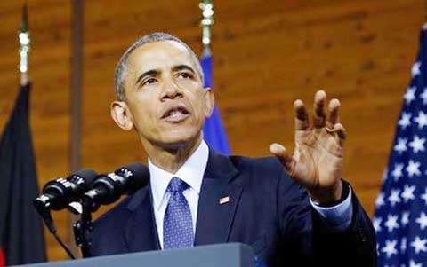 US President Barack Obama speaks during his visit to Hanover, Germany on Monday.