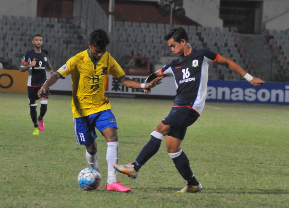 An action from the football match of the AFC Cup between Sheikh Jamal Dhanmondi Club Limited of Bangladesh and Tampines Rovers of Singapore at the Bangabandhu National Stadium on Tuesday. Sheikh Jamal won the match 3-2.