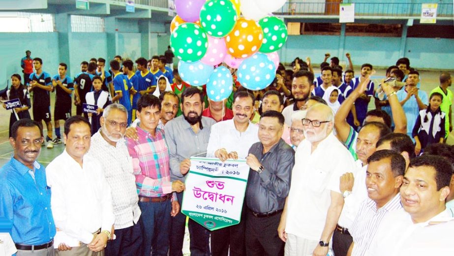 CCC Mayor A J M Nasir Uddin and also the President of Bangladesh Techouk Ball Association formally inaugurating the first National Techouk Ball Competition at MA Aziz Stadium gymnasism on Tuesday.