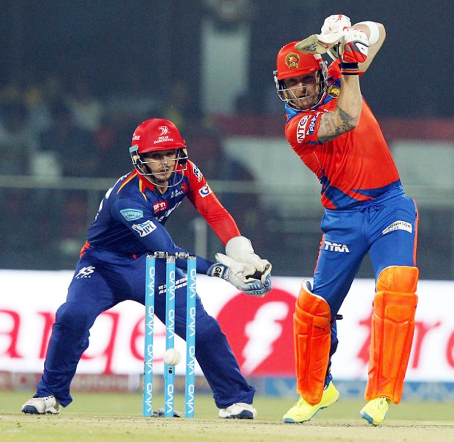 Brendon McCullum of Gujarat Lions bats during match 23 of the Vivo IPL 2016 between the Delhi Daredevils and the Gujarat Lions held at the Feroz Shah Kotla Ground in Delhi, India on Wednesday.
