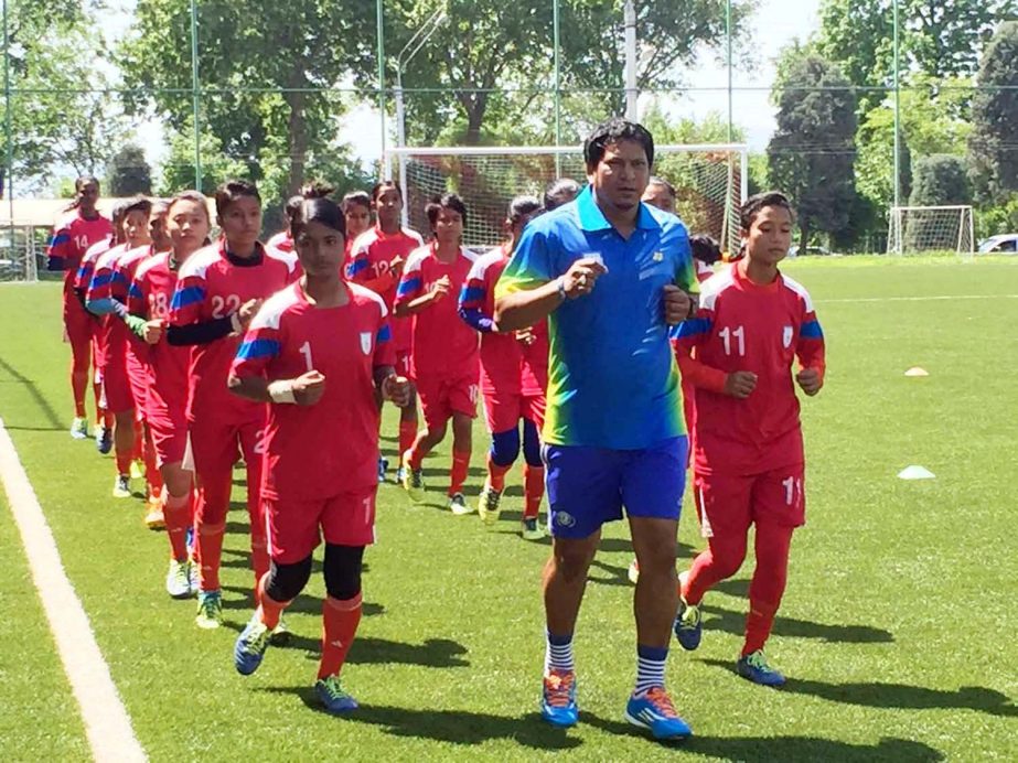 Members of Bangladesh Under-14 Girls' Football team during their practice session at Dushanbe in Tajikistan on Wednesday.