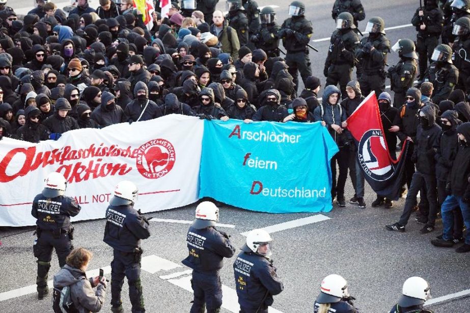 Protesters try to block access to the party congress of right-wing populist party "Alternative Fuer Deutschland"" (Alternative for Germany) in Stuttgart on Saturday."