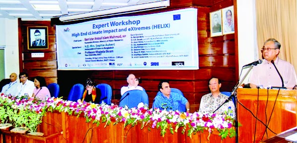 Barrister Anisul Islam Mahmud MP, Minister, Ministry of Water Resources speaking at a Workshop of the High End Climate Impact and Extremes (HELIX) on Saturday at the seminar room of BUET Council Bhaban chaired by Prof Khaleda Ekram, Vice-Chancellor, BUET.