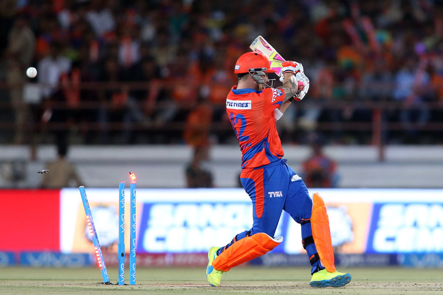 Brendon McCullum was bowled for 1 during the IPL match between Gujarat Lions and Delhi Daredevils at Rajkot on Tuesday.