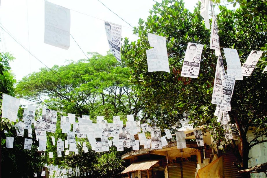 JHENAIDAH : Posters of candidates displayed in a Jhenaidah village. The photo was taken on Monday.