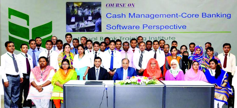 Abdus Sobhan Khan, Senior Executive Vice President and Head of Treasury Division of National Bank Limited poses with the participants of the closing ceremony of a-5 day long course on "Cash Management-Core Banking Software Perspective" at its Training I