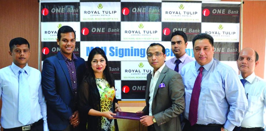 ONE Bank Limited (OBL) signs MOU on cooperation with Royal Tulip Resort recently. Gazi Yar Mohammed, Head of Retail Banking of OBL and Sanjida Mishu, Deputy Manager, Sales & Marketing, Royal Tulip, signed the MoU on their respective organizations behalf.