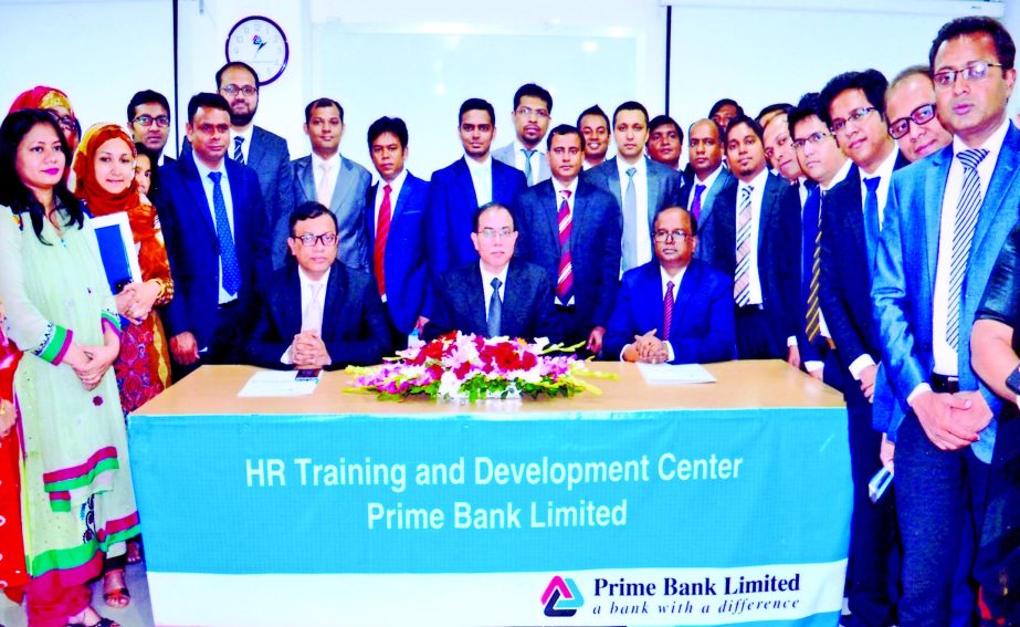Habibur Rahman, DMD of Prime Bank Ltd poses with Senior Officers and Senior Executive Officers at the closing ceremony of the 82nd Foundation Training Course of the bank in the city on Wednesday. Head of Human Resources Division SEVP Ziaur Rahman and Head