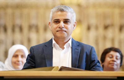 Britain's incoming London Mayor Sadiq Khan attends his swearing-in ceremony at Southwark Cathedral in Cental London on Saturday.