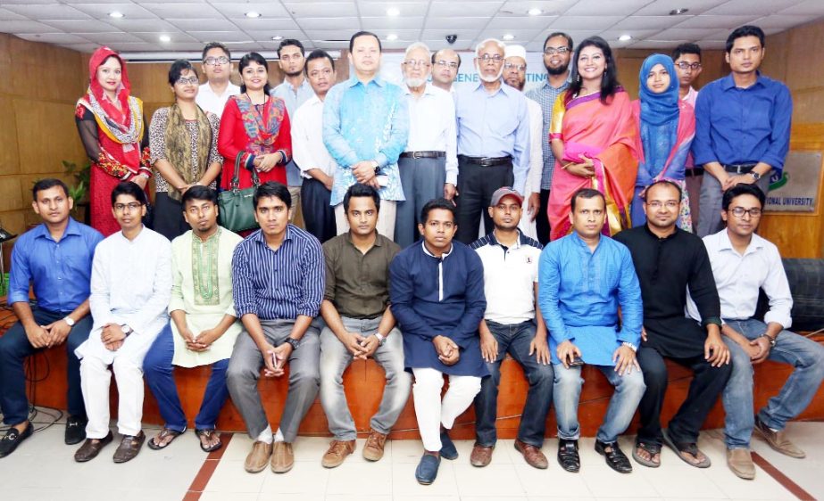 Md. Sabur Khan, Chairman, Board of Trustees and Founder Vice Chancellor of Daffodil International University Emeritus Professor Dr Aminul Islam pose for a photograph along with newly elected committee members of DIU Alumni Association for the year 2016-20