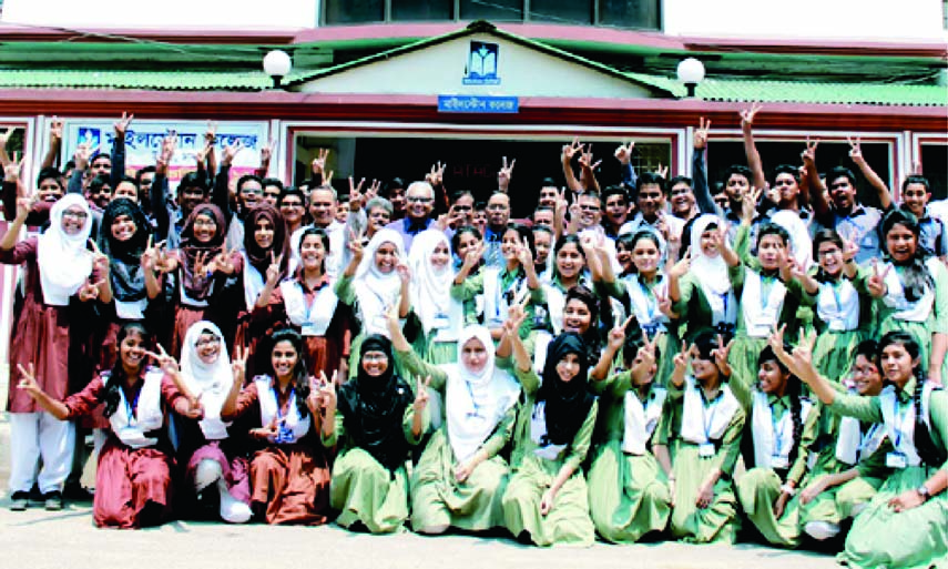 Students and teachers of the city's Milestone School and College rejoicing as the institution makes good result in the SSC examination this year. The snap was taken from the school premises on Wednesday.