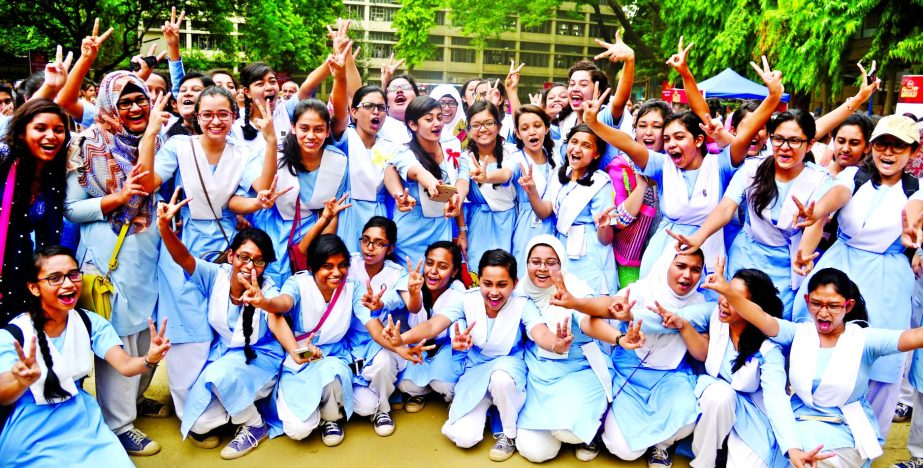 Students of Viqarunnisa Noon School and College rejoicing after achieving brilliant results in SSC examinations on Wednesday.