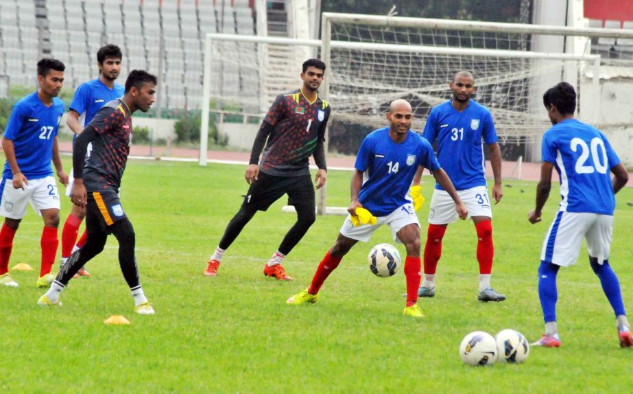 Members of Bangladesh National Football team during their practice session at the Bangabandhu National Stadium on Thursday.