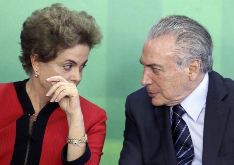 Brazil's new President Michel Temer seen with Dilma Rousseff at Planalto presidential palace in Brasilia, Brazil.