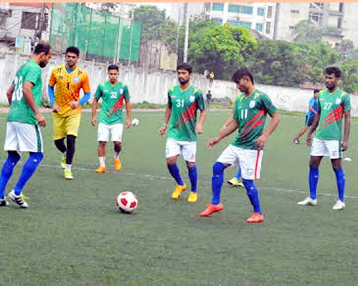 Members of Bangladesh National Football team during their practice session at the BFF Artificial Turf on Saturday.