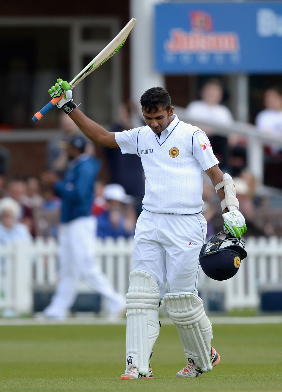 Dasun Shanaka of Sri Lanka celebrates his hundred,on the second day of the Tour match between Sri Lanka and Leicestershire at Grace Road on Saturday.