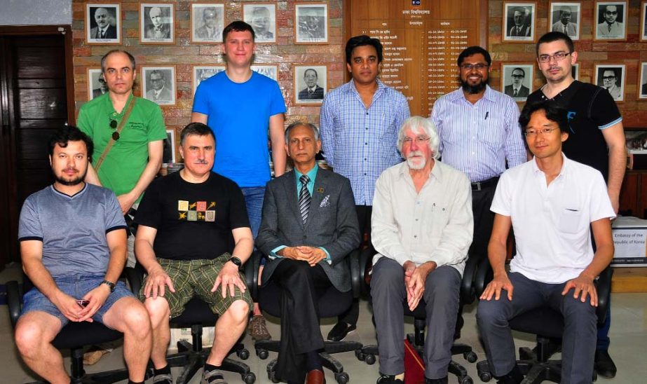 Dhaka University Vice-Chancellor Prof Dr AAMS Arefin Siddique is seen with a 7-member delegation of academicians and scientists from Russia, Netherlands and Japan at his office on Sunday.