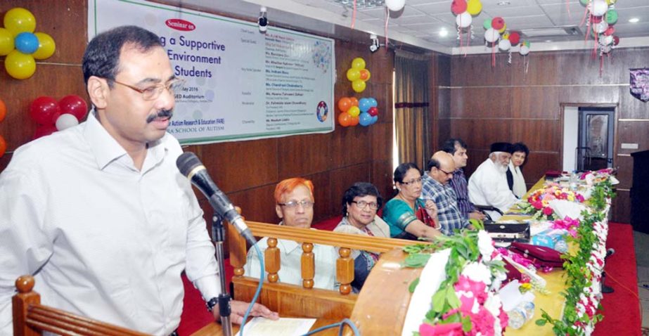 CCC Mayor A J M Nasir Uddin speaking at a day-long workshop on creating supportive school environment for all students at LGED Auditorium in Muradnagar organised by Foundation of Autism Research and Education(FARE) on Saturday.