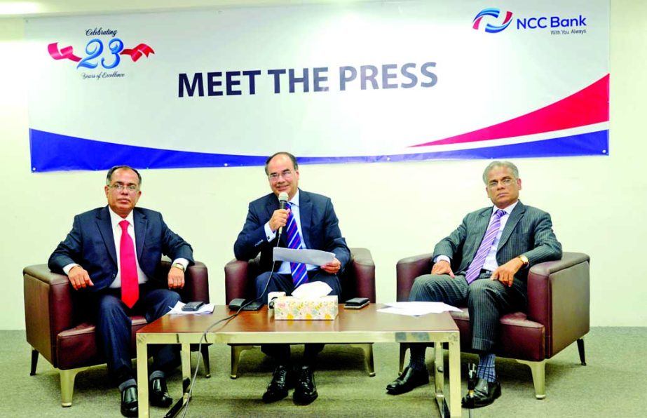 Managing Director of NCC Bank Ltd, Golam Hafiz Ahmed speaks at a press brief on the occasion of the banks 23rd anniversary at its head office on Tuesday. Deputy Managing Directors, AZM Saleh and Md Fazlur Rahman were present among others at the programme.