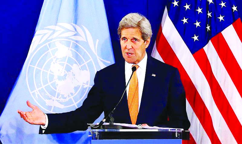 US Secretary State John Kerry speaking at a news conference during Syria talks in Vienna.