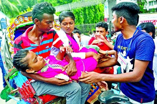 About 20 hunger strikers of Bangladesh Medical College Technology and Pharmacy students who were involved in continuous movement in front of the Jatiya Press Club being taken to DMCH for treatment on Wednesday.