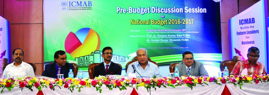 ICMAB organises a pre-budget discussion meeting on Wednesday in the city. Housing and Public Works Minister Engineer Mosharrof Hossain MP attended the program as chief guest. Prof. Dr. Swapan Kumar Bala FCMA, Treasurer, ICMAB and Commissioner, Bangladesh