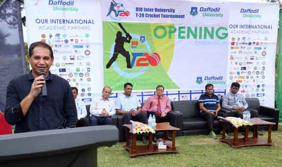 Prof Dr S M Mahbub-Ul- Haque Majumder, Acting Vice-Chancellor of Daffodil International University (DIU) addressing as the chief guest at the inaugural ceremony of DIU Inter-University T20 Cricket Tournament 2016 on Friday.