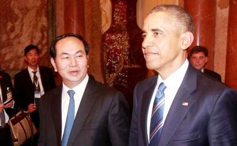 US President Barack Obama and his Vietnamese counterpart Tran Dai Quang at the Presidential Palace in Hanoi, Vietnam on Monday.