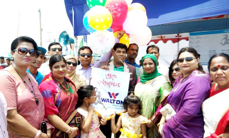 Chairperson of Cox's Bazar District Women's Sports Association Selina Rahman inaugurating the Walton 1st Women's Beach Football Tournament by releasing the balloons as the chief guest at the Laboni Point in Cox's Bazar Sea Beach on Wednesday.