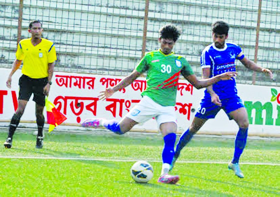 A scene from the practice football match between Bangladesh National Football team and Sheikh Russel Krira Chakra at the Bir Shreshtha Shaheed Sepoy Mohammad Mostafa Kamal Stadium in Kamalapur on Friday. The match ended in a goalless draw.