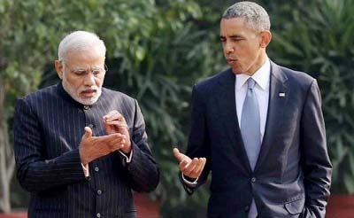 Indian Prime Minister Narendra Modi seen with US President Barack Obama.
