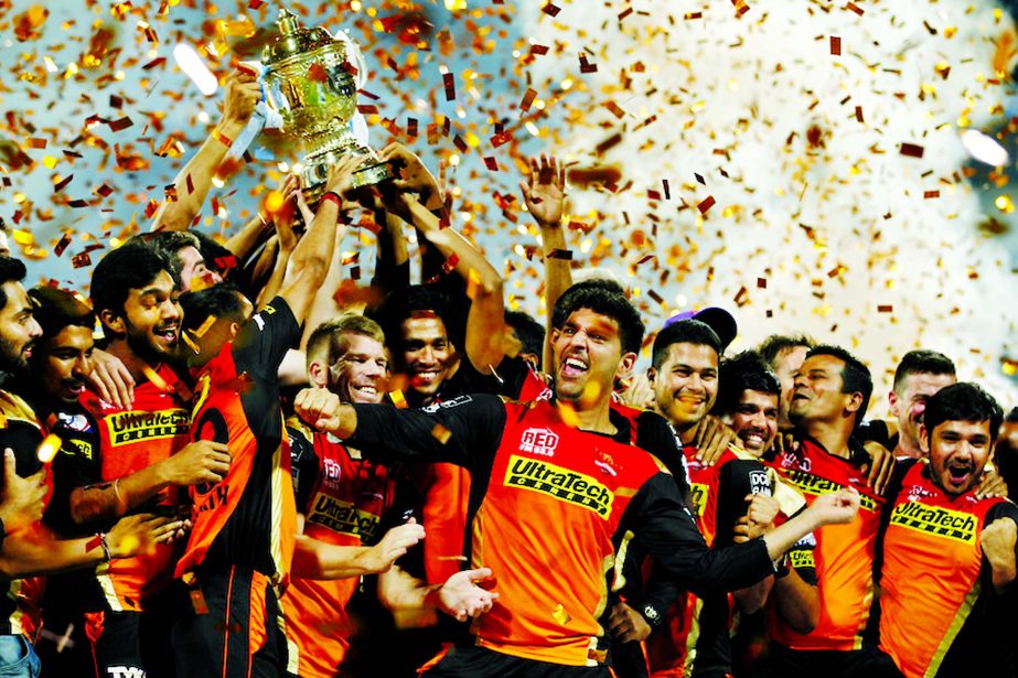 Sunrisers Hyderabad celebrate the win during the final of the Vivo IPL 2016 ( Indian Premier League ) between The Royal Challengers Bangalore and the Sunrisers Hyderabad held at The M. Chinnaswamy Stadium in Bangalore, India, on Sunday.