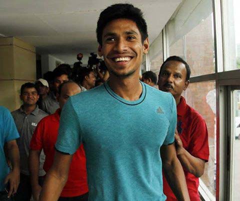 Happy return: Mustafizur Rahman smiles after returning home on Monday playing successful IPL matches which were held in India recently.