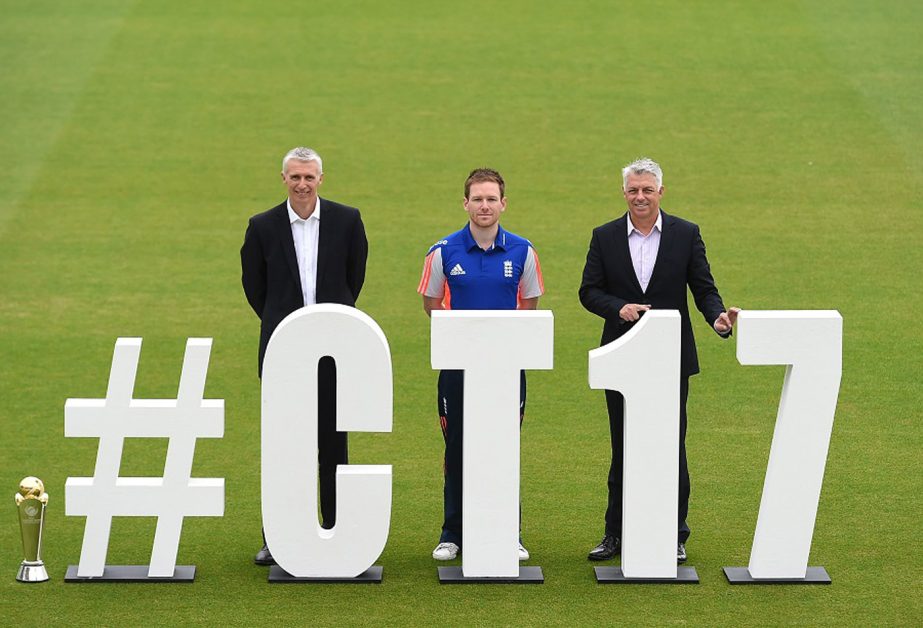 (L-R) Steve Elworthy, ECB Director Global Events, Eoin Morgan, England's ODI Captain and David Richardson, ICC Chief Executive pose for photograph during the ICC Champions Trophy 2017 Launch at the Kia Oval in London, England on Wednesday.