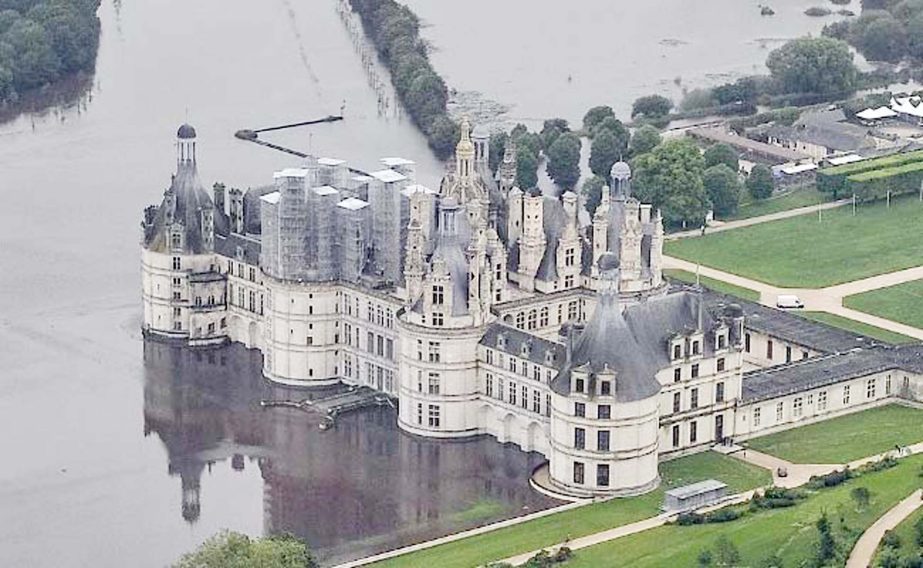 The castle of Chambord and its partly flooded park after the river Cosson went bursting it banks following heavy rainfalls.