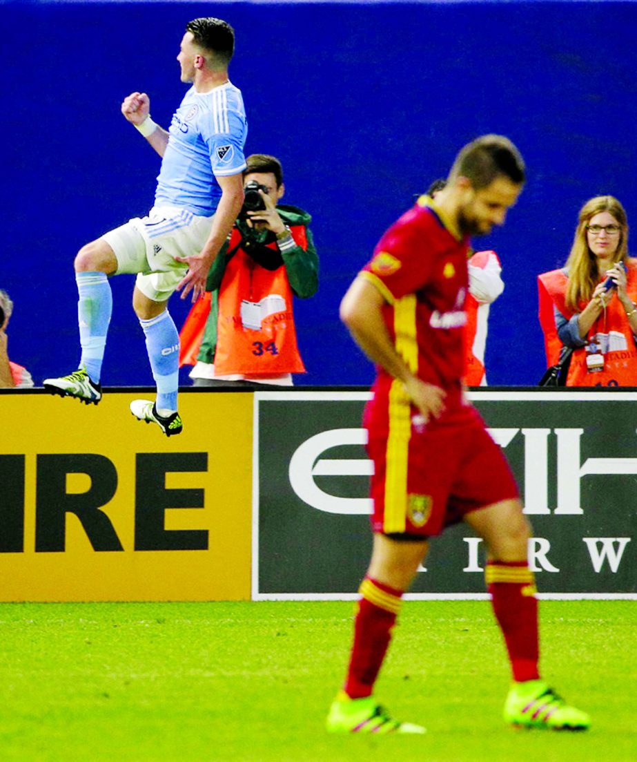 New York City FC midfielder Jack Harrison (left) reacts after scoring against Real Salt Lake during the second half of an MLS soccer game in New York on Thursday. Real Salt Lake won 3-2.