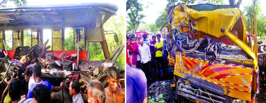 Ten passengers were killed while a bus (left) collided head-on with stone laden truck (right) on Dhaka-Bogra Highway at Dhankundi in Sherpur on Friday morning.